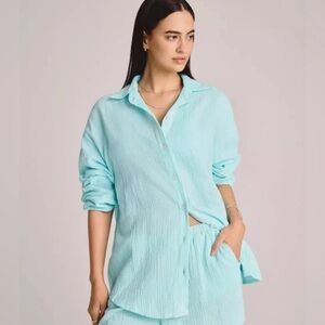 Vitamin A Aqua Blue 100% Cotton Gauze Button Down Cover Up Top Vacation Size XS
